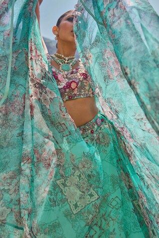 Aqua blue attached cancan organza lehenga with all-over multi colored floral prints highlighted with 3D embellishments. Comes with 3D floral embellished padded blouse and a printed, scallop-bordered organza dupatta. - Aza Fashions Digital Print Dupatta For Navratri Reception, Digital Print Dupatta For Reception And Navratri, Digital Print Dupatta For Reception At Navratri, Navratri Reception Dupatta With Digital Print, Diwali Lehenga With Digital Print On Georgette, Digital Print Lehenga For Reception And Navratri, Navratri Reception Lehenga With Digital Print, Anarkali Choli With Digital Print For Party, Traditional Drape Sets With Digital Print For Reception