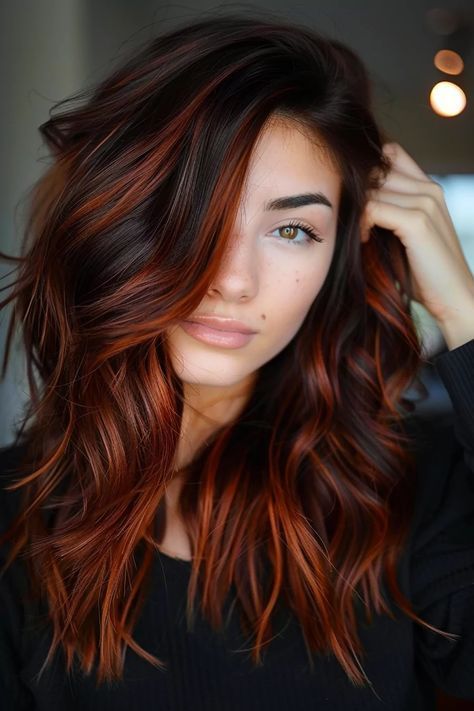 Discover 30 stunning fall hair colors, from rusty red to deep teal, perfect for adding warmth and style to your look this season. Red And Auburn Hair Color, Auburn Hair Colors With Highlights, Copper And Black Hair, Rambut Brunette, Copper Hair Color, Hair Color Auburn, Awesome Hair, Haircut And Color, Auburn Hair