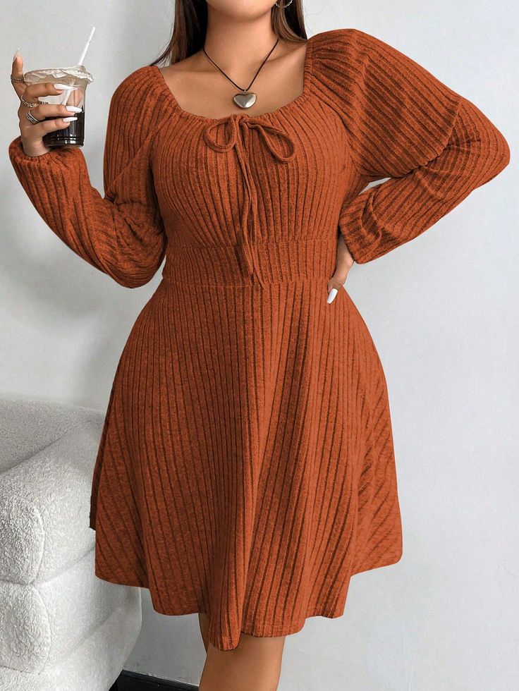 Plus Knot Front Lantern Sleeve Dress Orange Casual  Long Sleeve Knitted Fabric Plain A Line Medium Stretch  Women Plus Clothing, size features are:Bust: ,Length: ,Sleeve Length: Long Sleeved Fall Dresses, Winter Clothes For Pregnant Women, Cute Fall Outfits Plus Size Casual, Plus Size Looks For Winter, Thanksgiving Dresses For Women, Fall Orange Dress, Plus Size Fairycore, Plus Size Indie Outfits, Plus Size Fall Dress