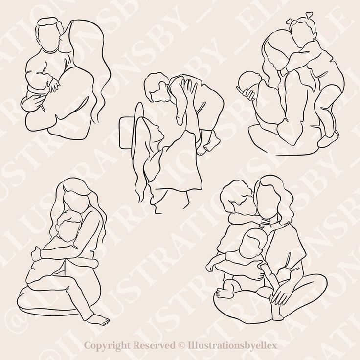 the silhouettes of people sitting and standing in different positions, one holding a baby