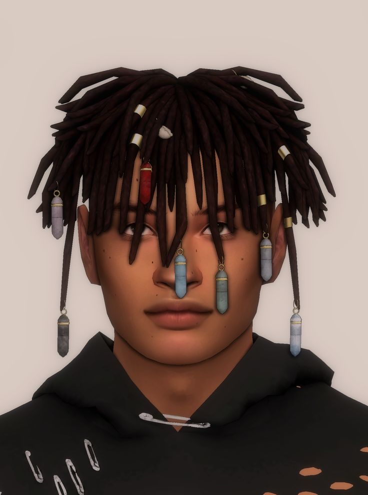 an animated man with dreadlocks and piercings on his head is staring at the camera