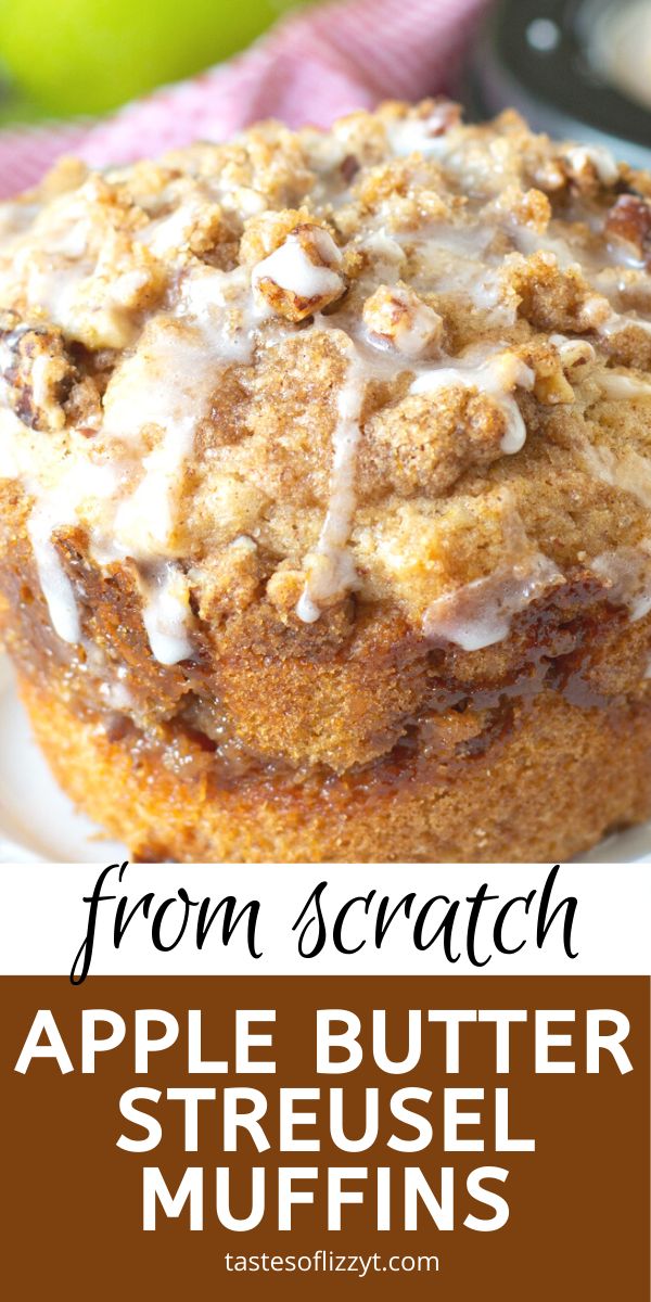 an apple muffin on a white plate with cinnamon glaze and apples in the background