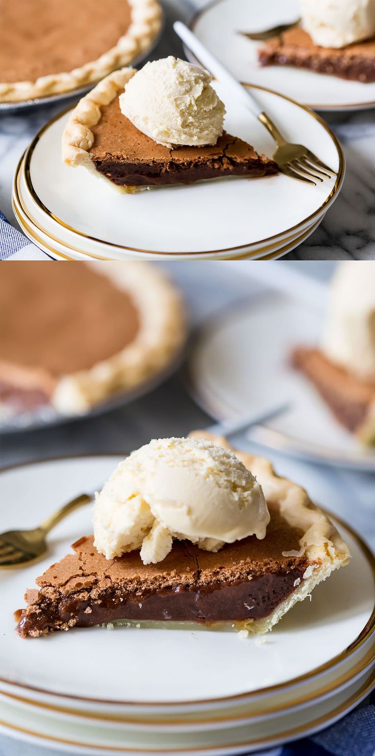 three different views of pies with ice cream on top