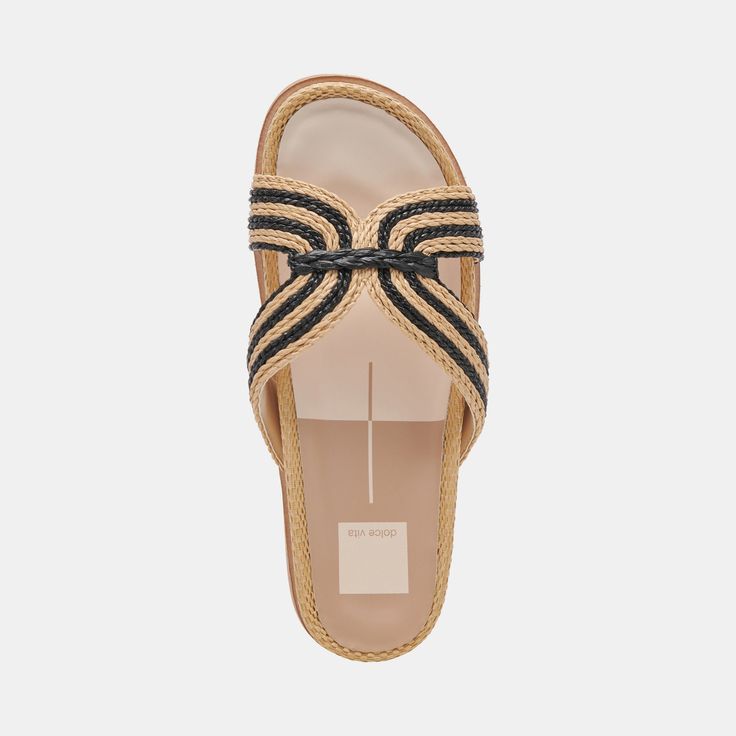 A breezy, beachy raffia sandal you’ll never want to take off. SELDA is equal parts comfortable and eye-catching with a contoured footbed and raffia strap details. Woven Raffia Upper Recycled Synthetic Outsole Water-based Leather Alternative Lining + Sock 1.4" Heel Height Imported Black Sandals With Woven Sole For Beach Season, Black Sandals With Cork-bed Midsoles For Vacation, Black Slides With Woven Sole For Summer, Black Straw Sandals For Beach, Natural Slides For Summer Beach, Vacation Black Straw Sandals, Summer Beach Slides In Natural Color, Natural Summer Slides For The Beach, Natural Summer Slides For Beach