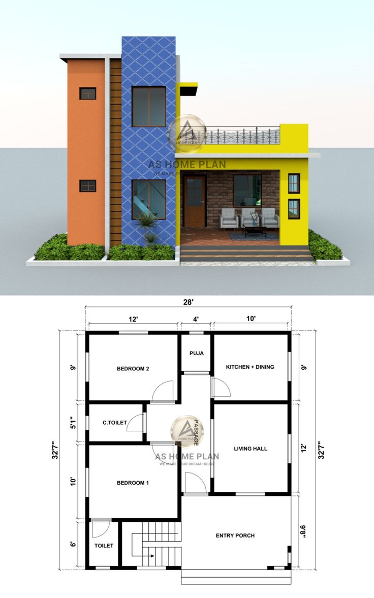 House front elevation with 2d house plan layout Bedroom Low Budget, Low Budget House Design, Budget House Design, Civil Architecture, Drawing House Plans, Low Budget House, House Plan Design, 3d House Plans, Free House Plans