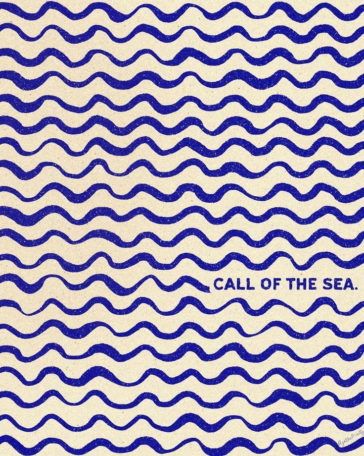 a blue and white pattern with the words call of the sea written in cursive font