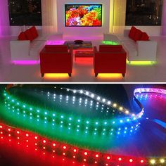 two screens showing different types of lights in the living room and on the television screen