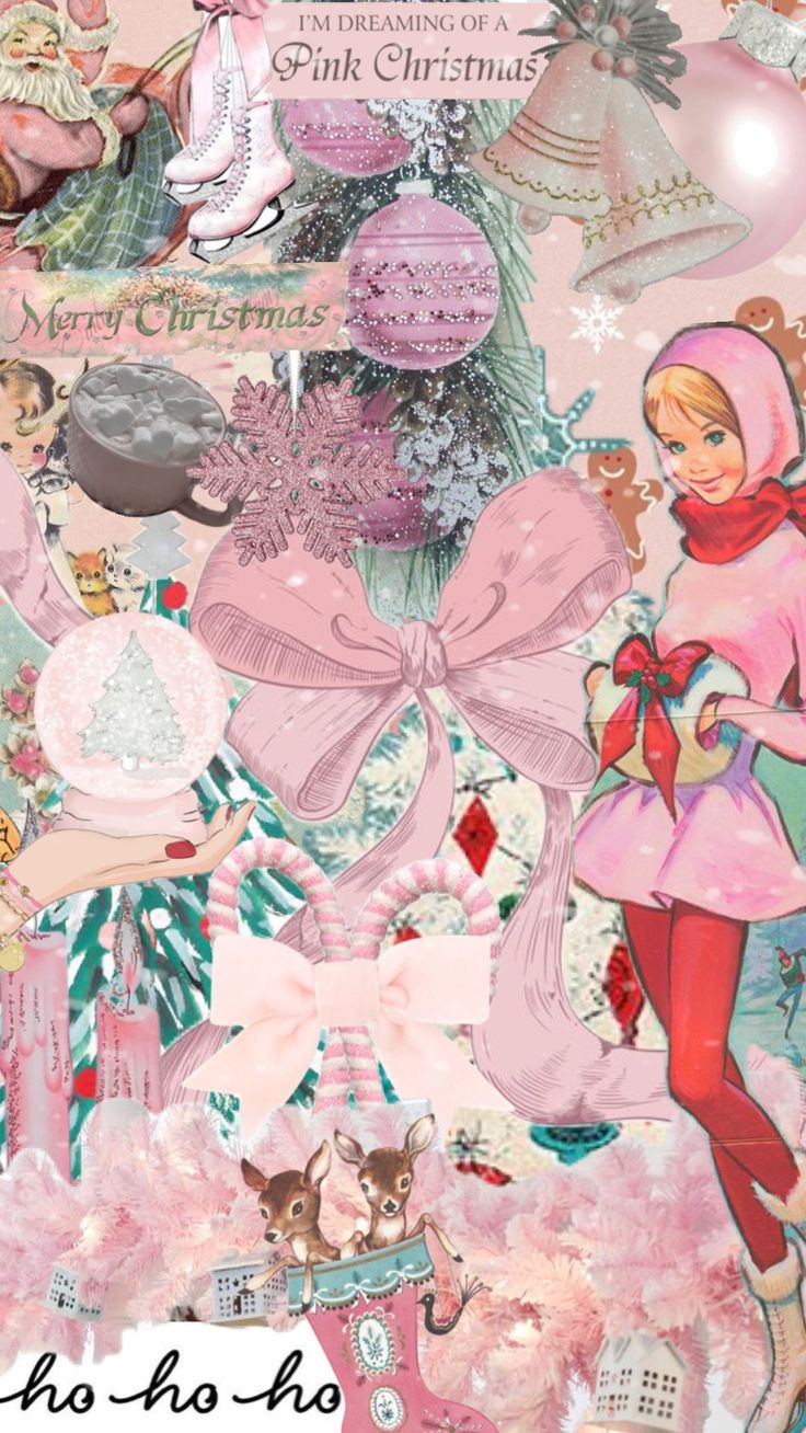 a collage of pink christmas decorations and other items with the words merry christmas on it