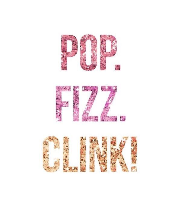 the words pop fizz clink in pink and orange glitters on a white background