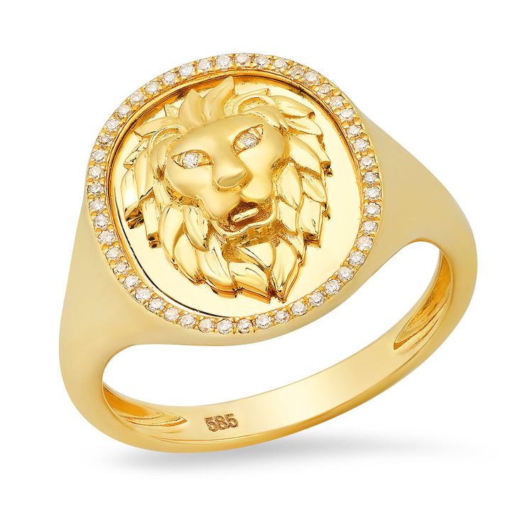 14K Yellow Gold Large Diamond Lion Signet Ring - 4.65GR, 2 RD=0.01, 48 SC=0.09 This lion signet ring is perfect for anyone, and especially a leo! A lion is a symbol os strength, courage, power, royalty, and dignity. Great statement piece for a night out! Handmade in Los Angeles, CA. Please allow 2-3 weeks for custom orders. Lion Signet Ring, Lion Ring, Gold Lion, Lion Design, Lion Face, A Lion, Signet Ring, 3 Weeks, Ring Designs