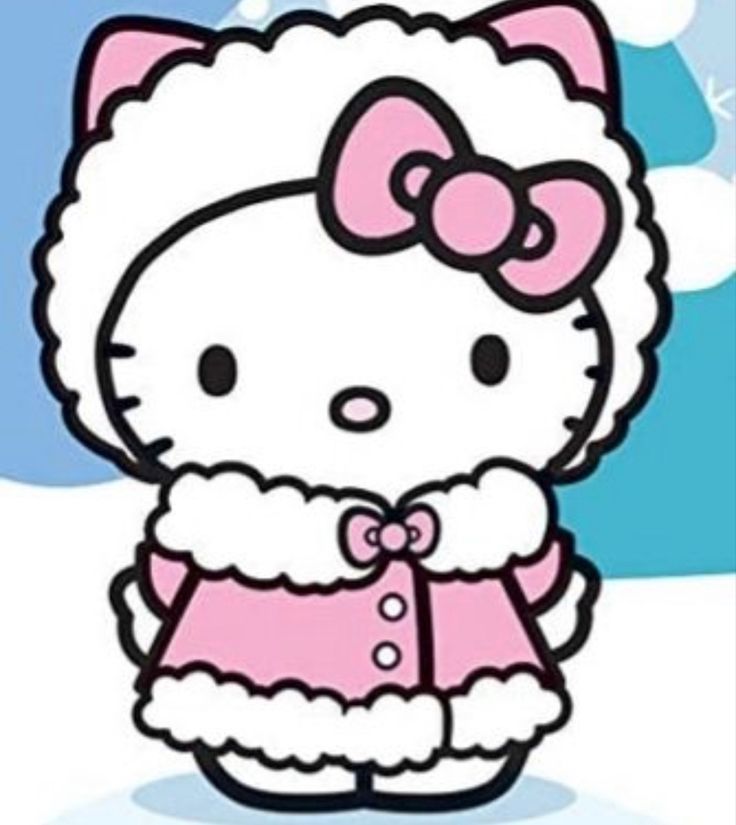 hello kitty is standing in the snow wearing a pink coat and bow tie on her head