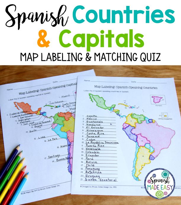 spanish countries and capital map labeling matching quiz game with colored pencils on the table