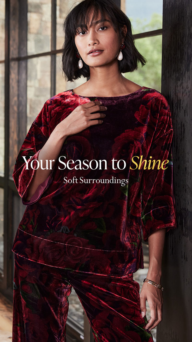 A vision in velvet. Softness and shimmer for sparkle season, now at Soft Surroundings. Holiday 2024, Soft Surroundings, Holiday Fashion, Sparkle, Velvet