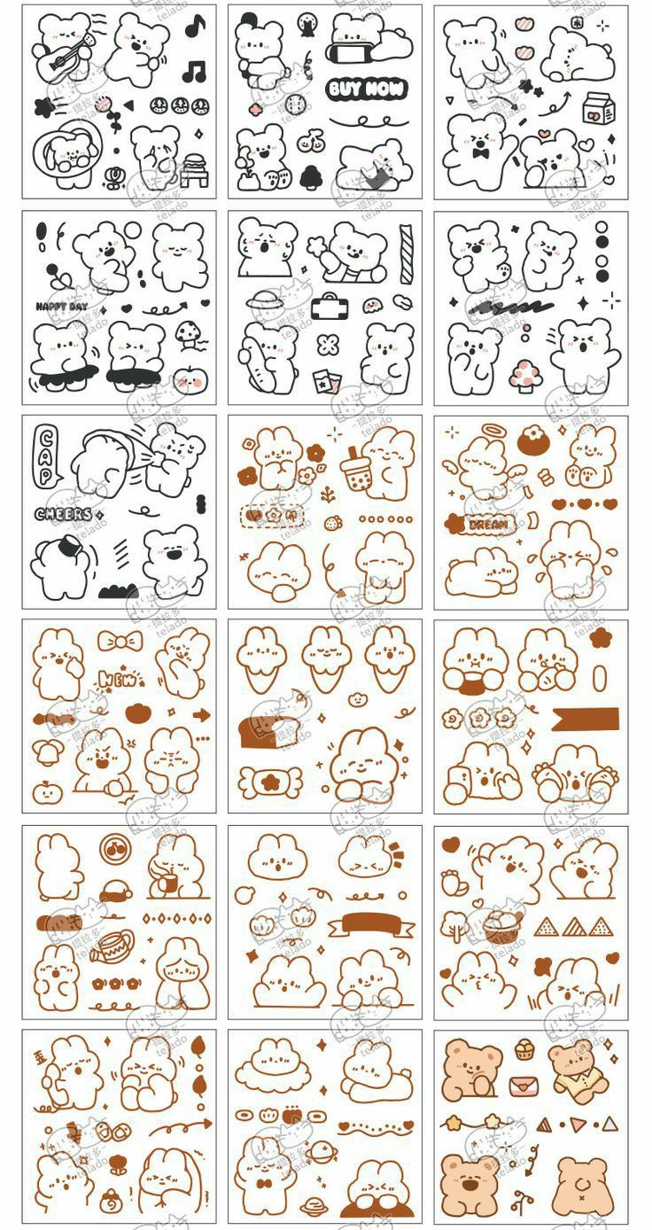 several different types of cartoon characters in orange and white, with black outlines on them