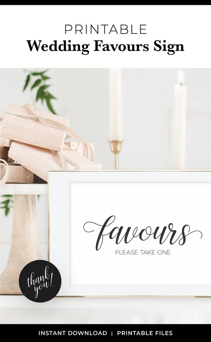 the printable wedding favors sign is displayed in front of a vase with candles and other items