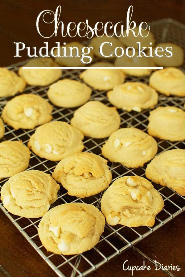 some cookies are cooling on a rack with the words cheesecake pudding cookies above them