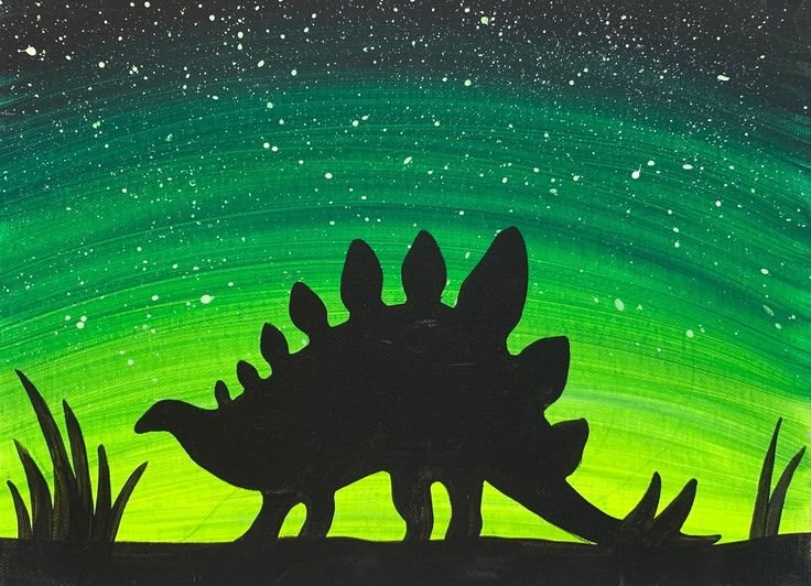 a painting of a dinosaur in the grass with an aurora bore behind it and stars on the sky