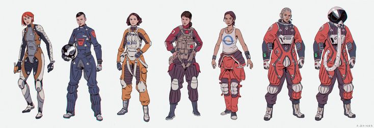 an artist's rendering of different types of people in space suits and spacesuits