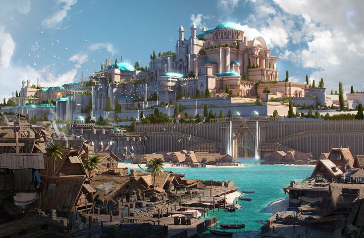 an artist's rendering of a futuristic city on top of a hill with lots of water