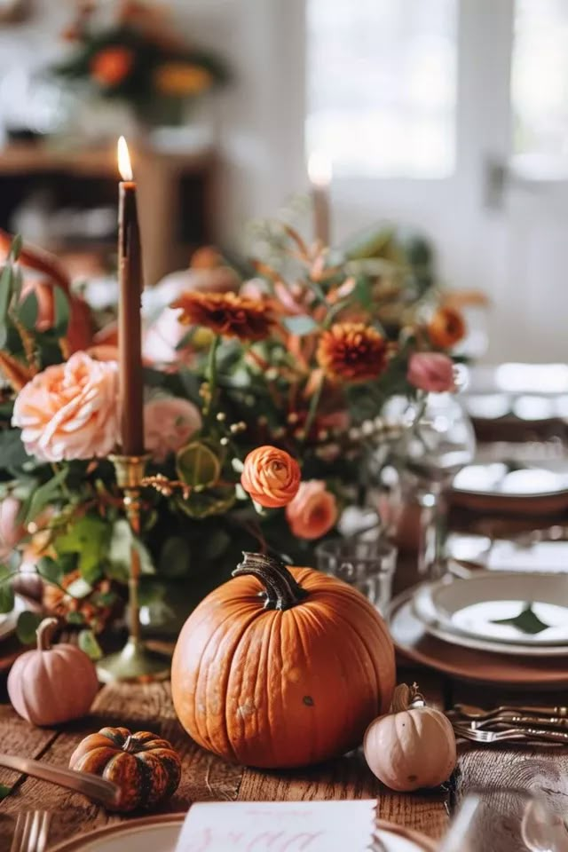 the table is set with pumpkins, candles and other fall decorations for an elegant thanksgiving dinner