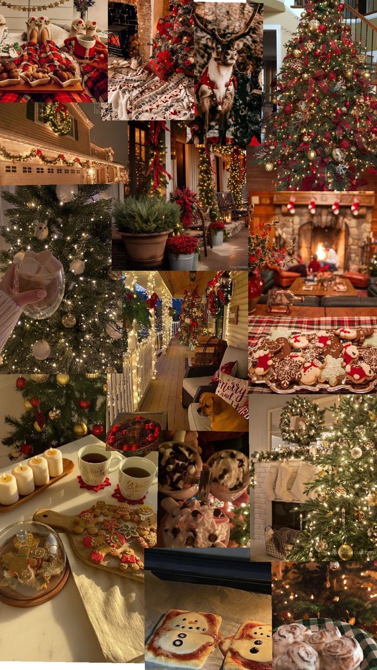 a collage of pictures with different types of food and christmas trees in the background