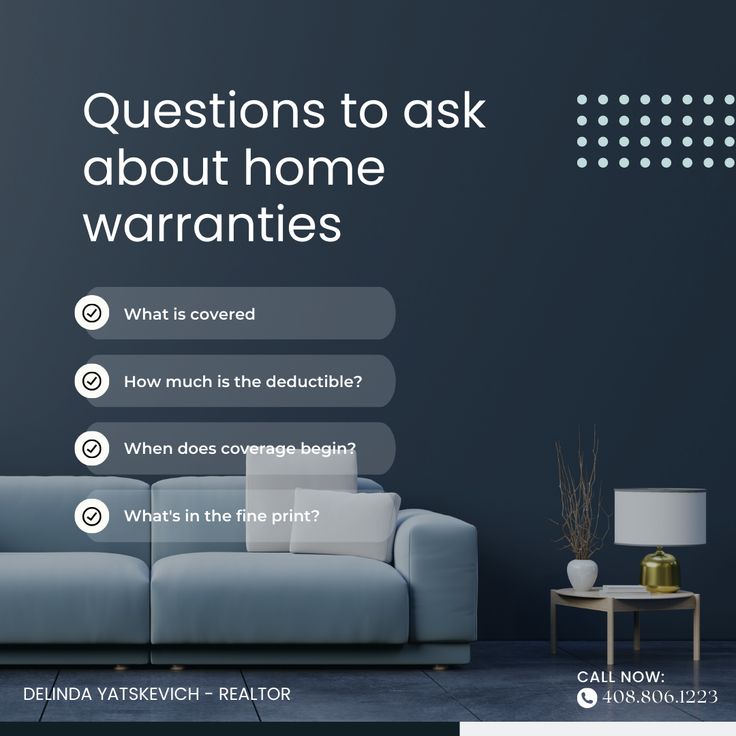 a couch sitting next to a table with a lamp on top of it and the words questions to ask about home warranties