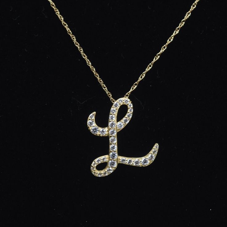 Very Nice Cursive Letter "L" 14k Gold Pendant Set With Round Cut Clear Cubic Zirconia On A 14k Gold Chain Necklace. 3/4" X 3/4" & 1.15g - Pendant 18" & .74g - Chain L Pendant Necklace, Bored Vision, Letter L Necklace, Quince Jewelry, Cursive L, L Necklace, Gold Pendant Set, Gold Initial Pendant, Initial Design