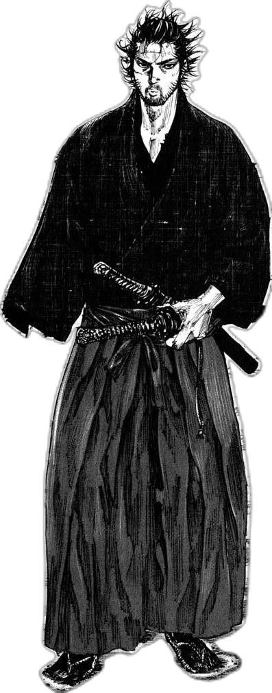 an ink drawing of a man wearing a kimono and holding a knife in his hand