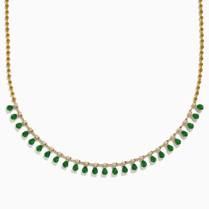 Effy Brasilica 14K Yellow Gold Emerald and Diamond Neckalce, 4.05 TCW Luxury Yellow Gold Emerald Engagement Necklace, Luxury Hand Set Emerald Necklace In Yellow Gold, Gold Emerald Necklace With Single Strand, Green Briolette Necklace In Fine Jewelry Style, Green Briolette Necklace Fine Jewelry, Green Diamond-cut 14k Gold Necklace, 14k Gold Green Diamond Cut Necklace, Yellow Gold Briolette Necklace For May Birthstone, Diamond Neckalce