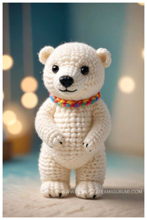 a crocheted polar bear is standing on its hind legs with his arms crossed