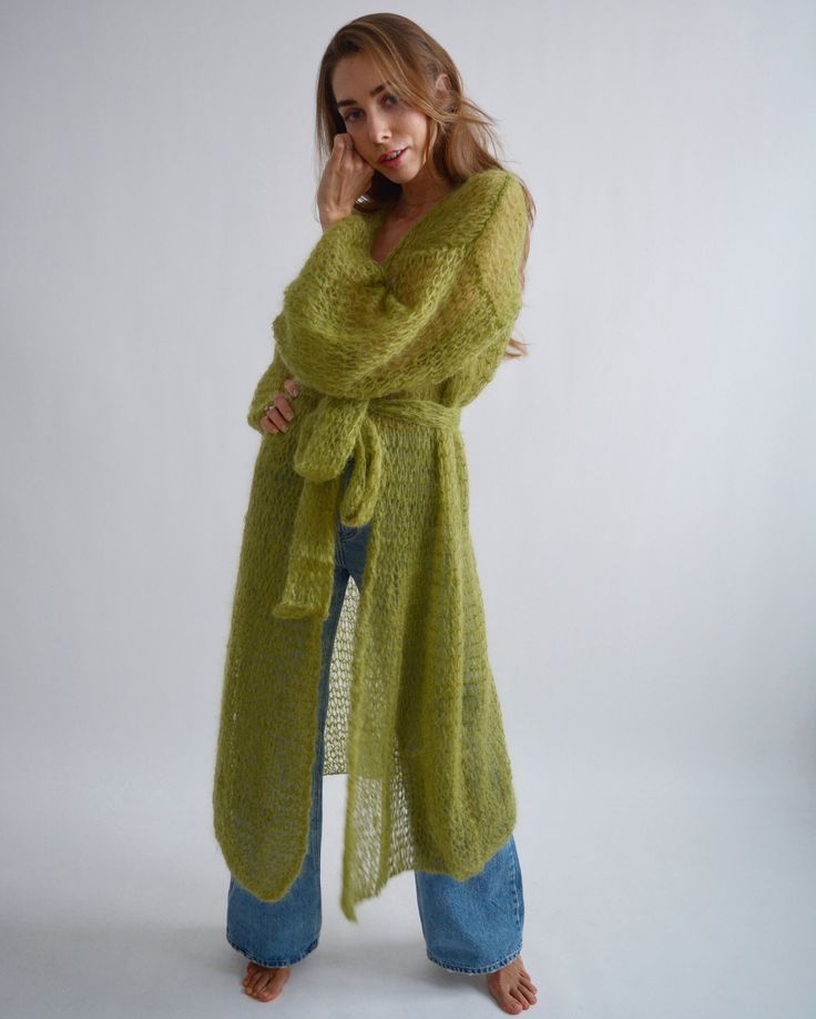 Green Long Mohair Cardigan Belted Maxi Cardigan Oversized - Etsy Mohair Coat, Knit Belt, Crochet Blouse Pattern, Long Cardigan Coat, Cardigan Kimono, Crochet Vest Pattern, Handmade Knitwear, Cardigan Oversized, Long Knit Cardigan