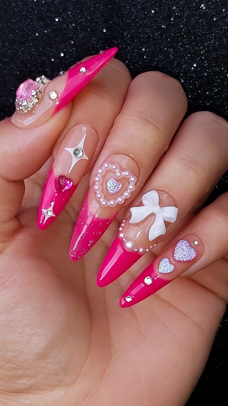 Pink Nails Charms, Barbie Core Nails, Heart Nail Charm, Maya Aesthetic, Nails Charms, Barbie Nails, Princess Charm School, Nail Place, Back To School Nails