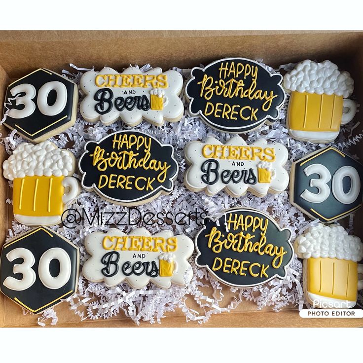 decorated birthday cookies in a box for someone's 30th birthday