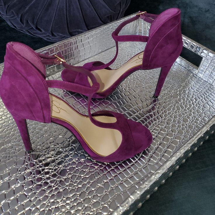 Color: Wisteria (Vibrant Fuchsia/Plum), Material: Suede, Size: 11m Purple Sandals With 4-inch Heel And Ankle Strap, Purple Ankle Strap Sandals With 4-inch Heel, Purple Sandals With 4-inch Heel And Open Heel, Elegant Purple Open Heel Sandals, Elegant High Heel Purple Sandals, Formal Purple Sandals With Heel Strap, Purple Open Heel Heels With Removable Insole, Purple Round Toe Sandals For Formal Occasions, Formal Purple Round Toe Sandals