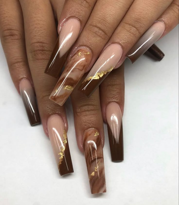 Acrylic Brown Nails, Nails Acrylic Brown, Brown Nails Acrylic, Nail Art Orange, Autumn Nail Designs, Brown Nails Design, Brown Acrylic Nails, Chic Nail Art, Gold Nail Art