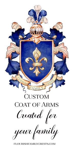 a blue and gold crest with the words custom coat of arms created for your family