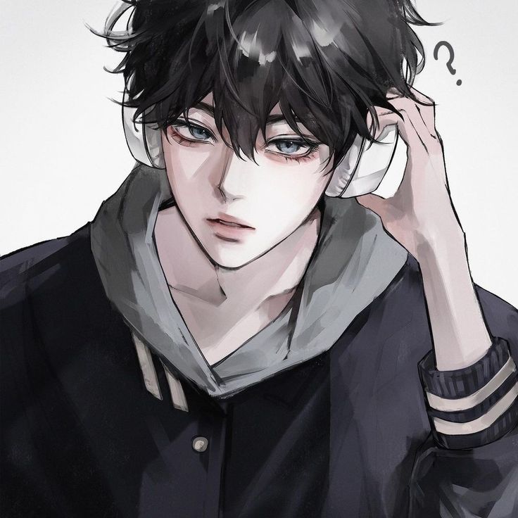 an anime character with black hair and blue eyes is wearing a black jacket, holding his hand to his ear