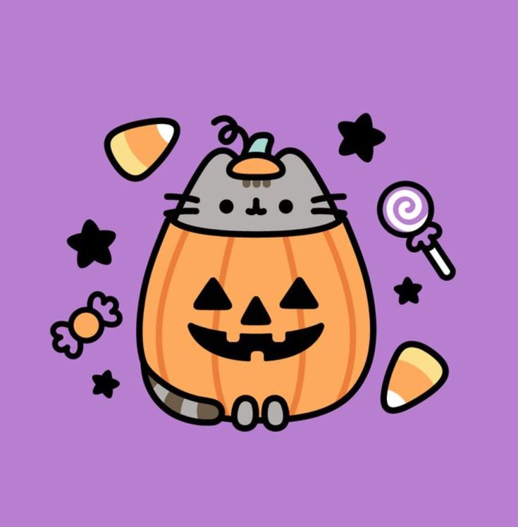 a cartoon cat sitting on top of a jack - o'- lantern with candy