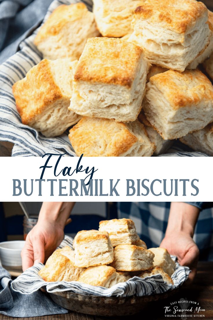 buttermilk biscuits stacked on top of each other in a basket with the words flaky buttermilk biscuits below