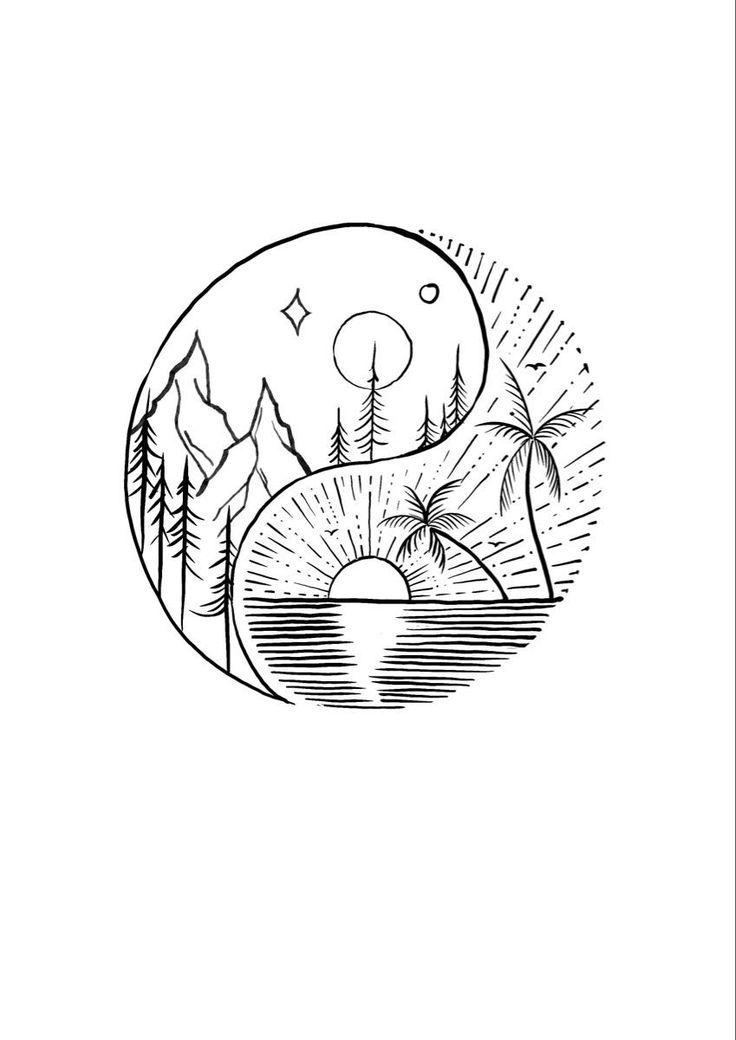 a black and white drawing of mountains, trees, and sun in the sky with an oval