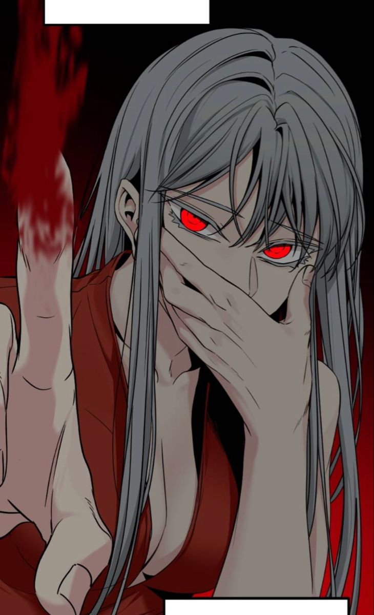 an anime character with long hair and red eyes covers his face as he holds his hand up to his mouth