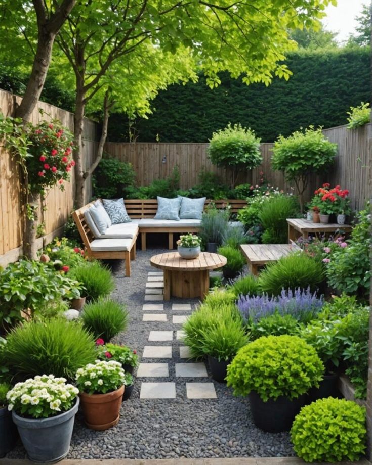 a garden with lots of plants and benches