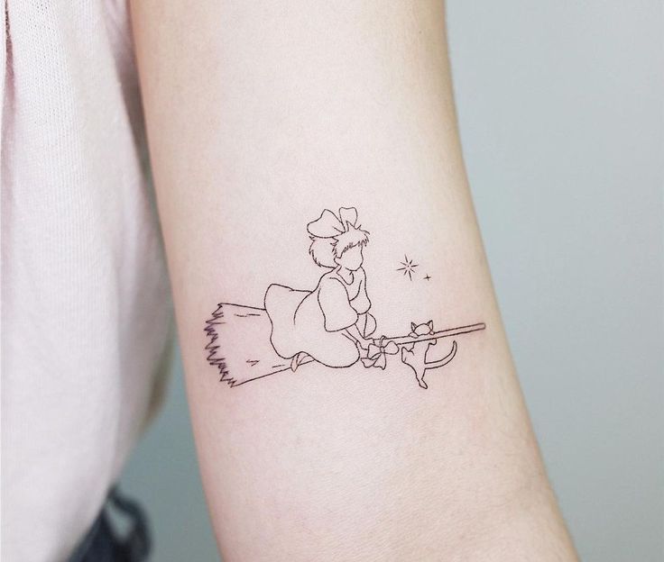 Minimalist Studio Ghibli Tattoo, Studio Ghibli Tattoos Kikis Delivery Service, Fine Line Ghibli Tattoo, Studio Ghibli Tattoo Kiki, Kiki's Delivery Service Tattoo Ideas, Tiny Studio Ghibli Tattoo, Long Horizontal Tattoo, Witch Core Tattoos, Kiki's Delivery Service Tattoos