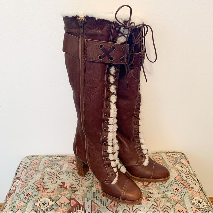 Slay The Holiday Season In These Coach Super Soft Leather Knee-High Boots Featuring A Modest 3" High Heel, Lace Up Front With Side Zipper For Ease, And Inner Reece Sherpa Lining To Keep Your Feet Warm. Perfect For Steampunk Or Aerial Cosplay And They Are Comfortable To Wear! Made In Italy Size: Ladies' 5 Excellent Pre-Loved Condition * Markings On Bottom Sole * Broken In From Previous Wear Coach Leather Lace-up Boots, Coach Lace-up Leather Boots, Winter Brown Coach Boots, Rider Boots, Heel Boot, Coach Leather, Coach Shoes, Sherpa Lined, Lace Boots