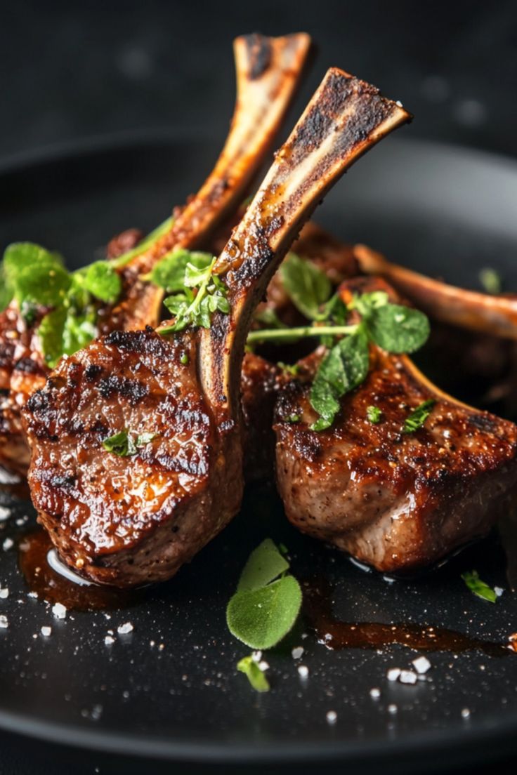 Beautiful photgraph of lamb lollipops on a black plate with a black background Rack Of Lamb With Red Wine Reduction, Lamb Rub Dry, Rack Of Lamb With Mint Sauce, Rack Of Lamb Plating, Lamb Chop Aesthetic, French Rack Of Lamb Recipes Oven, Frenched Rack Of Lamb Recipes, Christmas Dinner Lamb, Rack Of Lamb Sauce