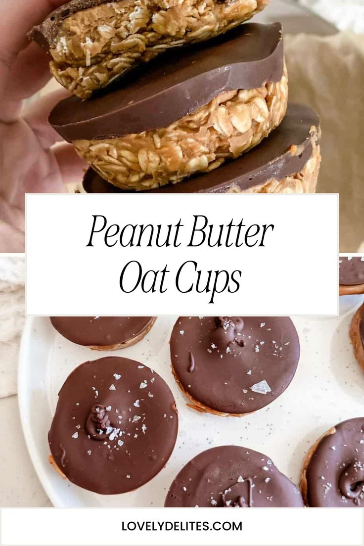 chocolate peanut butter oat cups are stacked on top of each other