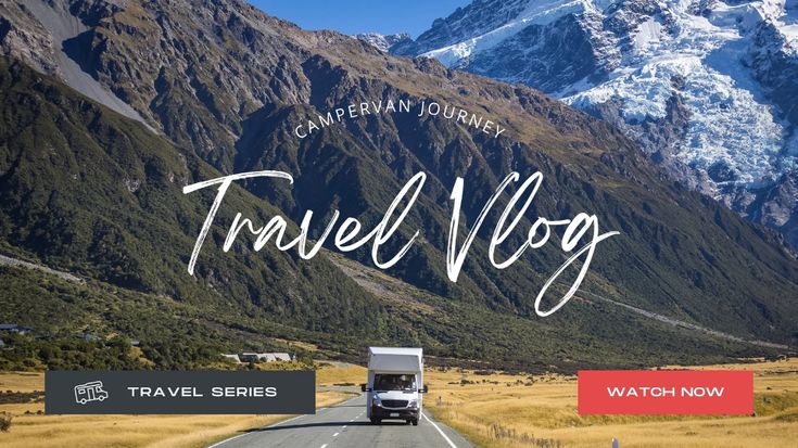 a truck driving down the road with mountains in the background and travel vlog written on it