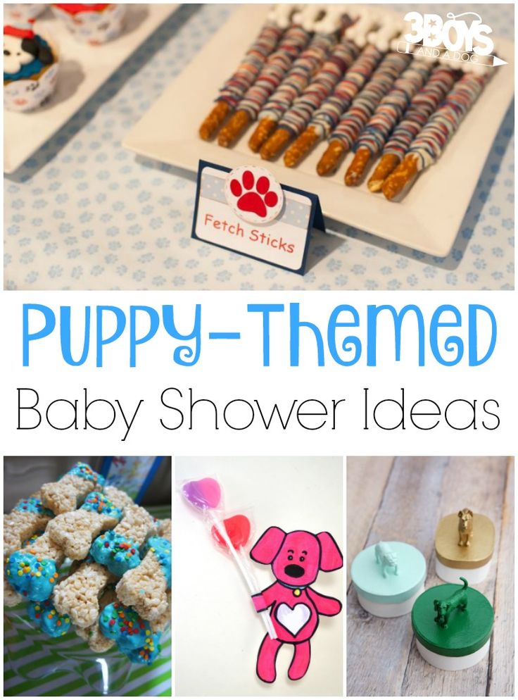 a collage of puppy themed baby shower ideas with pictures of puppies and treats