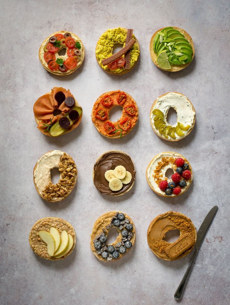 an assortment of doughnuts with different toppings