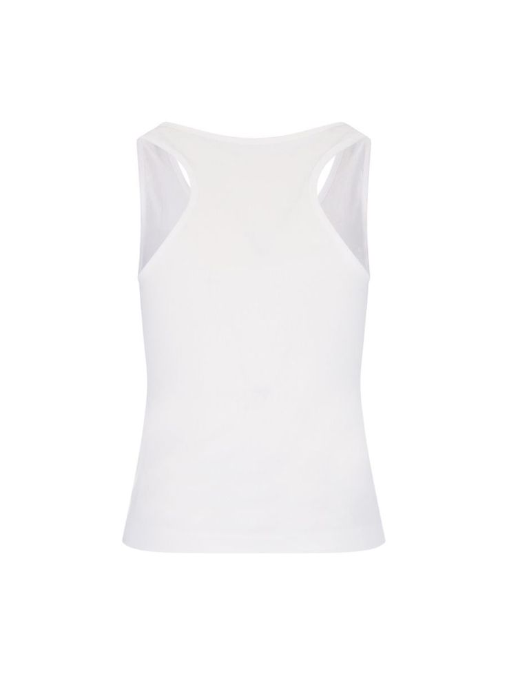 Ribbed top with printRibbed design, logo print on the front, wide neckline, sleeveless, scoop neckline and straight hem.Washing instructionsMachine wash Gender: WOMENMaterial: COTTONColor: WHITEMade in: ITProduct ID: PWAC020F23FAB0010110*Import tax/duty will be calculated at checkout (If applicable) White Seamless Crew Neck Tank Top, White Sleeveless Elastane Camisole, White Sleeveless Elastane Tank Top, Spring Tops With Seamless Construction And Scoop Neck, Spring Scoop Neck Top With Seamless Construction, White Cotton Scoop Neck Vest, White Elastane Cami Top, Casual Fitted Top With Wide Straps, Elastane Tank Top Vest